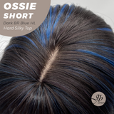 JBEXTENSION 14 Inches Scalpiana Wave Dark Brown with Blue Highlight 3.5X4 Hard Silky Top Natural Scalp Effect Wig with Bangs OSSIE SHORT - DARK BROWN WITH BLUE HIGHLIGHT