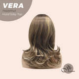 JBEXTENSION 17 Inches Scalpiana Curly Hazelnut 3.5X4 Hard Silky Top Natural Scalp Effect Wig with Bangs VERA CAMEL HAZELNUT