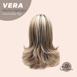 JBEXTENSION 17 Inches Scalpiana Curly Mocha Highlight 3.5X4 Hard Silky Top Natural Scalp Effect Wig with Bangs VERA MOCHA HIGHLIGHT