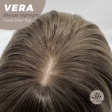 JBEXTENSION 17 Inches Scalpiana Curly Blonde Highlight 3.5X4 Hard Silky Top Natural Scalp Effect Wig with Bangs VERA BLONDE HIGHLIGHT