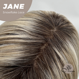 JBEXTENSION 13 Inches Mix Blonde Wave Pre-Cut T Part Snowflake Lace Frontlace Glueless Wig with Bangs JANE【BENDY EAR TABS】