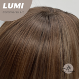 JBEXTENSION 23 Inches Curly Caramel Blonde Highlight Wig with Bangs LUMI CARAMEL BLONDE HIGHLIGHT