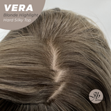 JBEXTENSION 17 Inches Scalpiana Curly Blonde Highlight 3.5X4 Hard Silky Top Natural Scalp Effect Wig with Bangs VERA BLONDE HIGHLIGHT