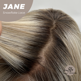 JBEXTENSION 13 Inches Mix Blonde Wave Pre-Cut T Part Snowflake Lace Frontlace Glueless Wig with Bangs JANE【BENDY EAR TABS】