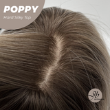 JBEXTENSION 21 Inches Scalpiana Curly Mix Blonde with Dark Root 3.5X4 Hard Silky Top Natural Scalp Effect Wig with Bangs POPPY