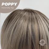 JBEXTENSION 21 Inches Scalpiana Curly Mix Blonde with Dark Root 3.5X4 Hard Silky Top Natural Scalp Effect Wig with Bangs POPPY