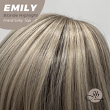 JBEXTENSION 18 Inches Scalpiana Curly Blonde Highlight 3.5X4 Hard Silky Top Natural Scalp Effect Wig with Bangs EMILY BLONDE HIGHLIGHT