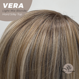 JBEXTENSION 17 Inches Scalpiana Curly Light Mix Blonde 3.5X4 Hard Silky Top Natural Scalp Effect Wig with Bangs VERA LIGHT MIX BLONDE