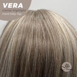 JBEXTENSION 17 Inches Scalpiana Curly Camel Highlight 3.5X4 Hard Silky Top Natural Scalp Effect Wig with Bangs VERA CAMEL HIGHLIGHT