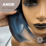 JBEXTENSION 12 Inches Bob Cut Dark Brown With Blue Highlight Wig With Bangs ANGIE BLUE