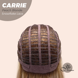 JBEXTENSION 11 Inches Short Hair Peach Blonde Pre-Cut T Part Snowflake Lace Frontlace Glueless Wig with Bangs CARRIE PEACH BLONDE【BENDY EAR TABS】