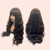 JBEXTENSION 28 Inches Long Body Wave Dark Brown Wig With Bangs GEM