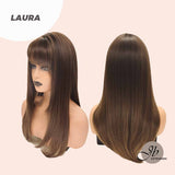 JBEXTENSION 22 Inches Nature Straight Dark Brown Wig With Blunt Bangs LAURA