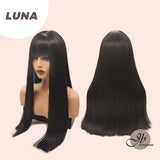 JBEXTENSION 24 Inches Long Straight Jet Black Wig With Bangs LUNA