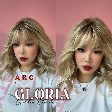 JBEXTENSION 14 Inches Curly Golden Blonde Wig with Bangs Pre-Cut Arc Snowflake Lace Frontlace Glueless Wig GLORIA GOLDEN BLONDE【BENDY EAR TABS】