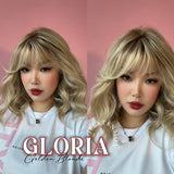 JBEXTENSION 14 Inches Curly Golden Blonde Wig with Bangs Pre-Cut T Part Snowflake Lace Frontlace Glueless Wig GLORIA GOLDEN BLONDE