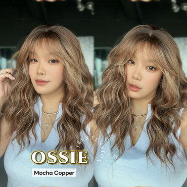 JBEXTENSION 22 Inches Scalpiana Long Wave Mocha Copper 3.5X4 Hard Silky Top Natural Scalp Effect Wig with Bangs OSSIE MOCHA COPPER