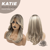JBEXTENSION 18 Inches Scalpiana Curly Blonde Highlight 3.5X4 Hard Silky Top Natural Scalp Effect Wig with Bangs KATIE BLONDE HIGHLIGHT