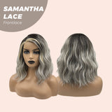 JBEXTENSION 12 Inches Grey With Blonde Highlight Wave Side Part Pre-Cut Frontlace Wig SAMANTHA LACE