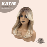 JBEXTENSION 18 Inches Scalpiana Curly Light Mix Blonde 3.5X4 Hard Silky Top Natural Scalp Effect Wig with Bangs KATIE LIGHT MIX BLONDE