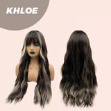 JBEXTENSION 26 Inches Body Wave Natural Black With Blonde Highlight Hair With Full Bangs Wig KHLOE