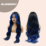 HOT OF SEASON - 28 Inches Long Black With Blue Highlight Wave Wig With Bangs BLUEBERRY