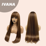 JBEXTENSION 28 Inches Reddish Brown With Blonde Highlight Straight Wig With Bangs IVANA