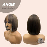 JBEXTENSION 12 Inches Bob Cut Dark Brown With Grey Highlight Wig With Bangs ANGIE GREY