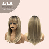 JBEXTENSION 20 Inches Blonde with Dark Root Wolf Cut 3.5X4 Hard Silky Top Natural Scalp Effect Wig With Bangs LILA MIX BLONDE