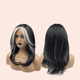 JBEXTENSION 18 Inches Black With White Highlight Pre-Cut Free Part Frontlae Wig AMARI