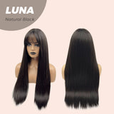 JBEXTENSION 24 Inches Long Straight Nature Black Wig With Bangs LUNA NATURAL BLACK