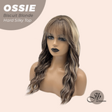 JBEXTENSION 22 Inches Scalpiana Long Wave Biscuit Blonde 3.5X4 Hard Silky Top Natural Scalp Effect Wig with Bangs OSSIE BISCUIT BLONDE