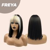 JBEXTENSION 14 Inches Bob Cut Short Straight Black With White Bangs Wig FREYA