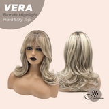 JBEXTENSION 17 Inches Scalpiana Curly Blonde Highlight 3.5X4 Hard Silky Top Natural Scalp Effect Wig with Bangs VERA BLONDE HIGHLIGHT