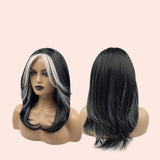 Get this look with our 18 Inches Black With White Highlight Pre-Cut Free Part Frontlae Glueless Wig AMARI