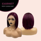 JBEXTENSION GEMSTONE COLLECTION 12 Inches Real Human Hair Dark Red Bob Cut Free Parting Wig GARNET
