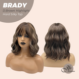 JBEXTENSION 12 Inches Scalpiana Wave Dark Brown with Highlight 3.5X4 Hard Silky Top Natural Scalp Effect Wig with Bang BRADY DARK BROWN HIGHLIGHT