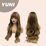 JBEXTENSION 28 Inches Brown With Highlight Curly Wig With Bangs YUNI