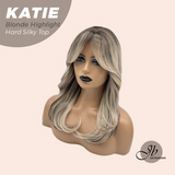 JBEXTENSION 18 Inches Scalpiana Curly Blonde Highlight 3.5X4 Hard Silky Top Natural Scalp Effect Wig with Bangs KATIE BLONDE HIGHLIGHT