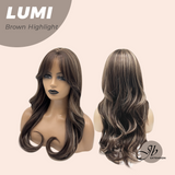 JBEXTENSION 23 Inches Curly Brown Highlight Wig with Bangs LUMI BROWN HIGHLIGHT