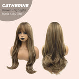 JBEXTENSION 25 Inches Brown With Highlight Wolf Cut 3.5X4 Hard Silky Top Natural Scalp Effect Wig With Bangs CATHERINE BROWN HIGHLIGHT