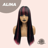 JBEXTENSION 22 Inches Black With Pink Highlight Straight Wig With Bangs ALINA