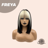 JBEXTENSION 14 Inches Bob Cut Short Straight Black With White Bangs Wig FREYA