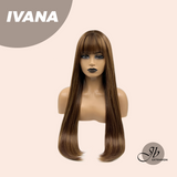 JBEXTENSION 28 Inches Reddish Brown With Blonde Highlight Straight Wig With Bangs IVANA