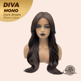 JBEXTENSION DIVA MONO Full Monofilament Handmade Full Lace Full Hand Tied Wig 24 Inches Long Curly Dark Brown Mono Lace Handmade Futura Fiber Wig with Anti-slip Silicone Strips Glueless Wig DIVA MONO - DARK BROWN【BENDY EAR TABS】