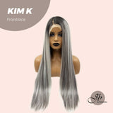 JBEXTENSION 30 pulgadas gris con reflejos con raíz oscura pelo largo liso parte frontal peluca KIM K