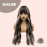 JBEXTENSION 26 Inches Body Wave Natural Black With Blonde Highlight Hair With Full Bangs Wig KHLOE