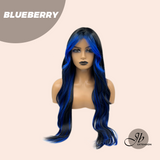 HOT OF SEASON - 28 Inches Long Black With Blue Highlight Wave Wig With Bangs BLUEBERRY