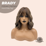 JBEXTENSION 12 Inches Scalpiana Wave Dark Brown with Highlight 3.5X4 Hard Silky Top Natural Scalp Effect Wig with Bang BRADY DARK BROWN HIGHLIGHT