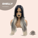 JBEXTENSION Peluca gris balayage de 26 pulgadas con flequillo negro, peluca frontal precortada SHELLY